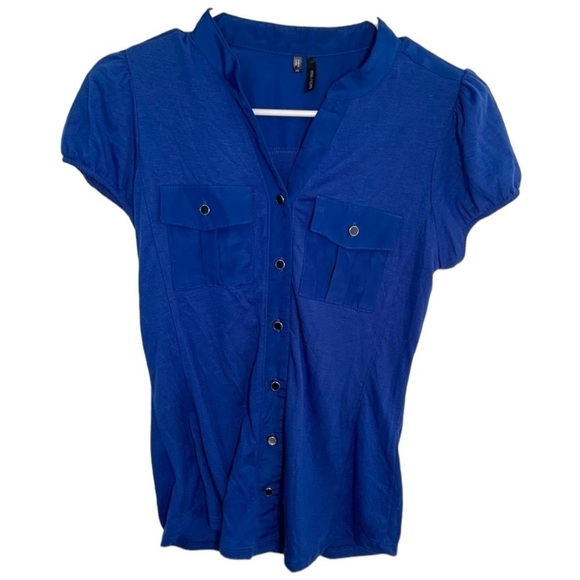 Maurices Button Down Blouse Royal Blue Cap Sleeve - Picture 1 of 10